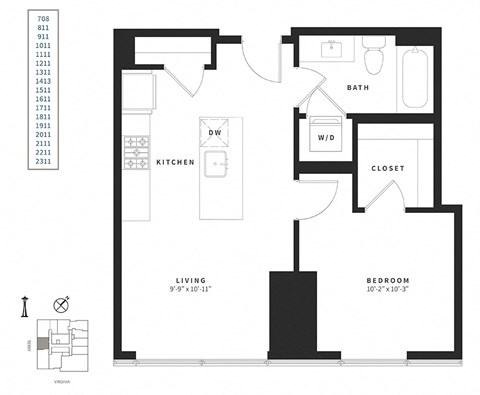 Floor plan for 1 bed, 1 bath, 651 sqft